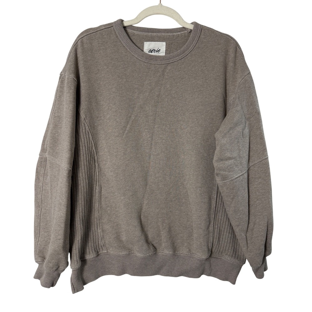 Aerie The Chill Crewneck Sweatshirt Size XXS Brown Ribbed Side Panel Pullover